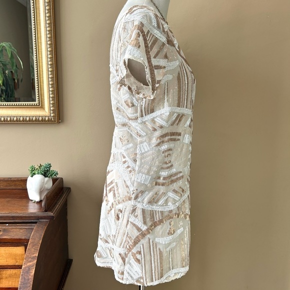 Show Me Your Mumu Tallulah White Tan Sequin Open Back Short Sleeve Mini Dress S - Picture 10 of 13